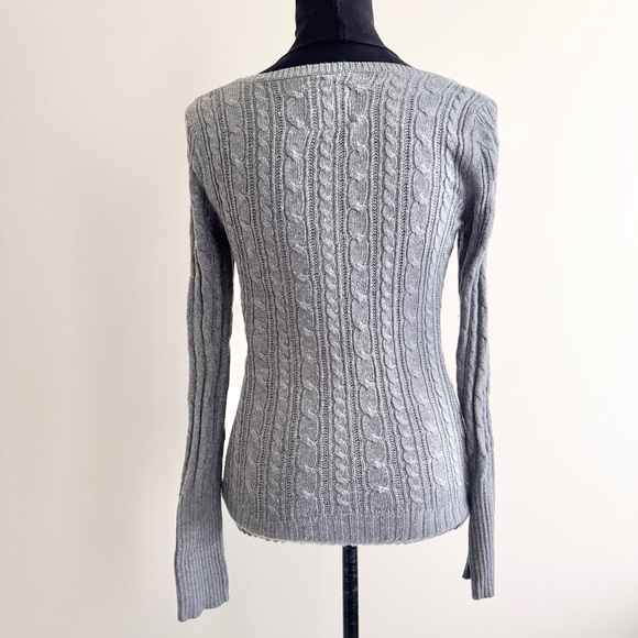 American Eagle Vintage Cable Knit V-Neck Sweater Grey (2000s) Y2K cotton wool - Picture 4 of 7